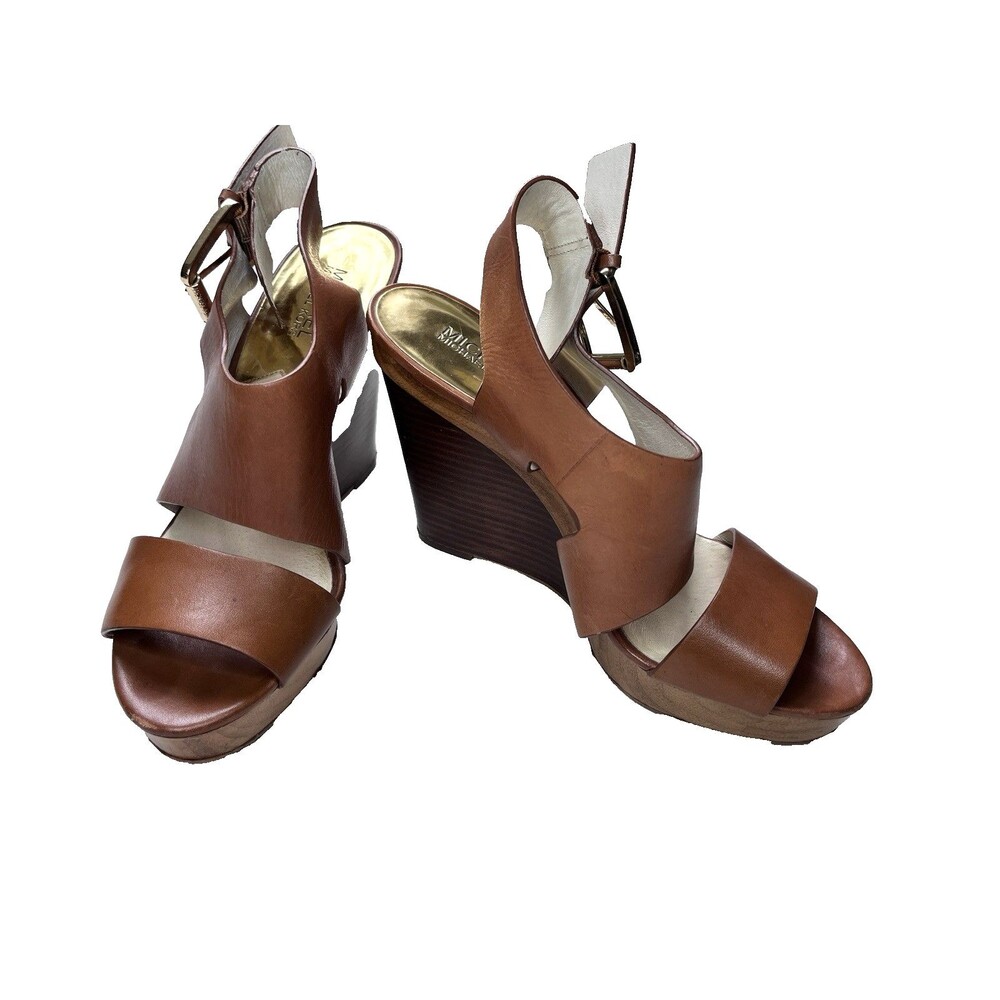 Michael Kors Tan Leather Wedge Platform Heels Women's 8 Gold Wood Strappy Spring